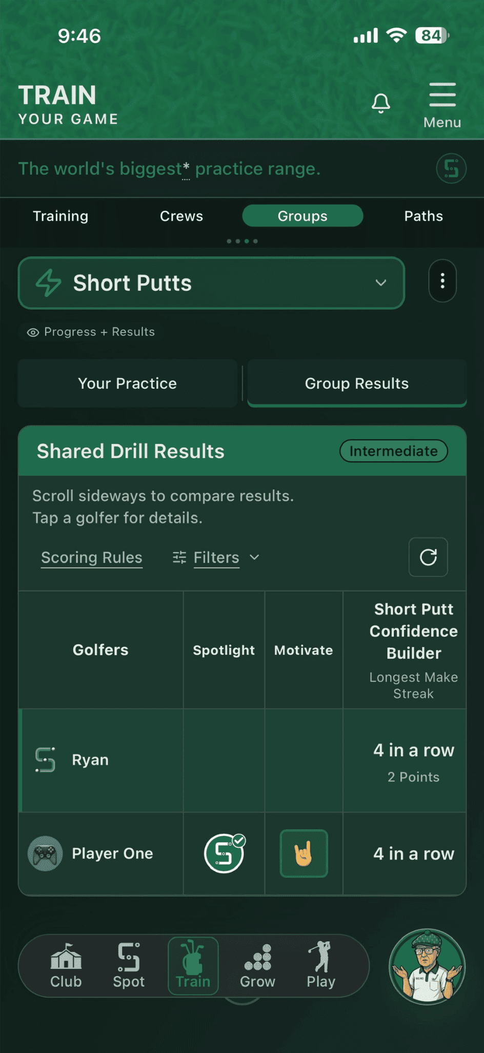 Actual Group Results view comparing golfers on a shared drill