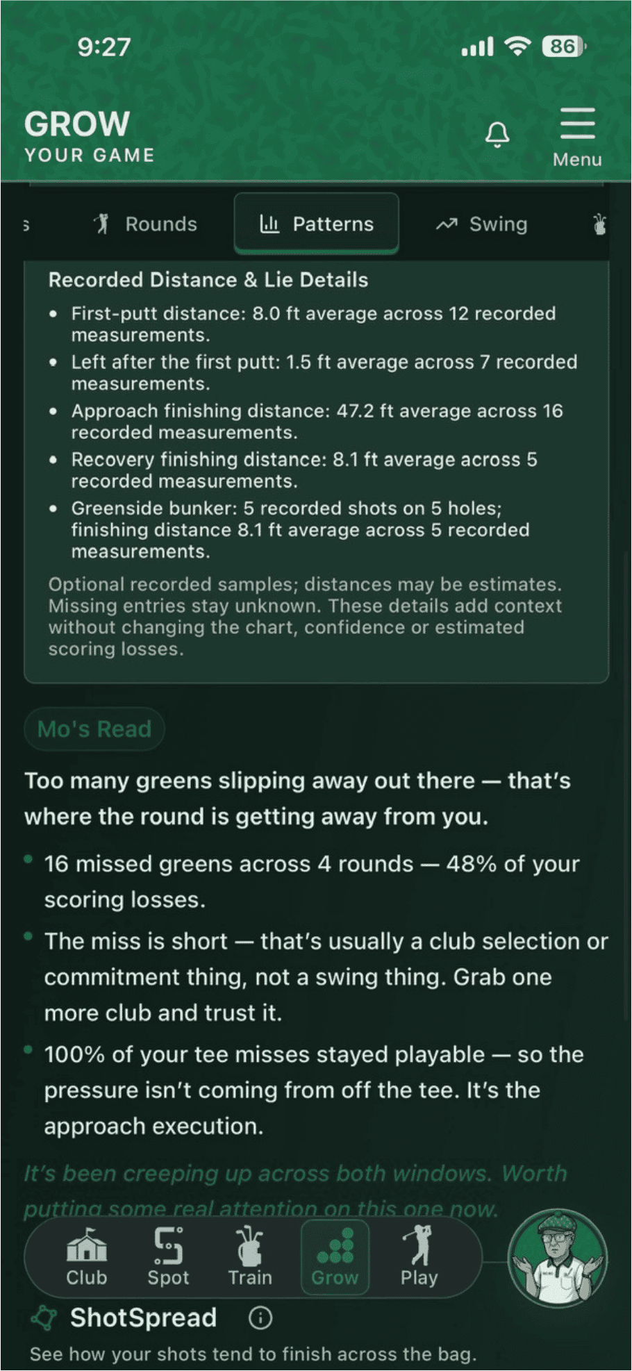 Actual Mo's Read and recorded distance details in Scoring Patterns