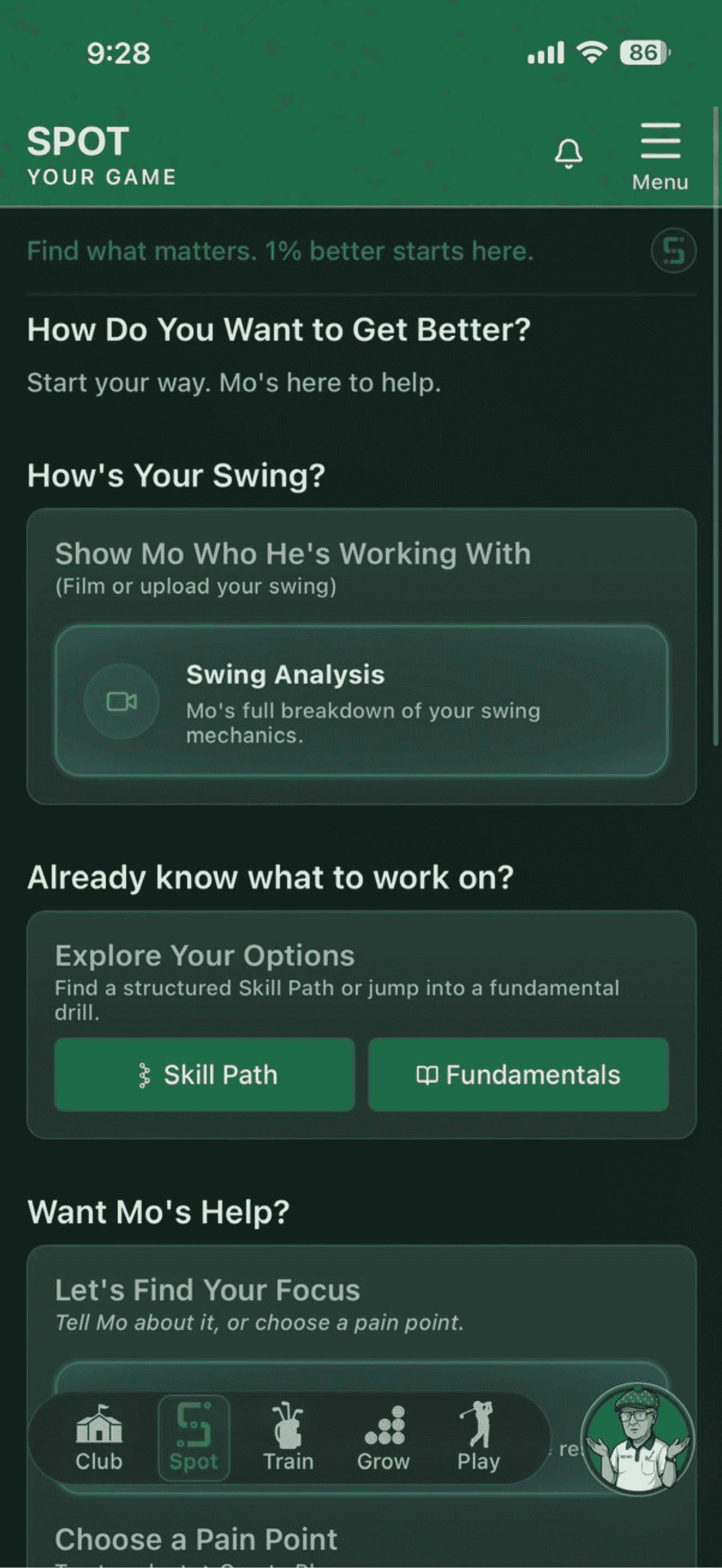 Actual Spot page with Swing Analysis, Skill Path and Quick Take options