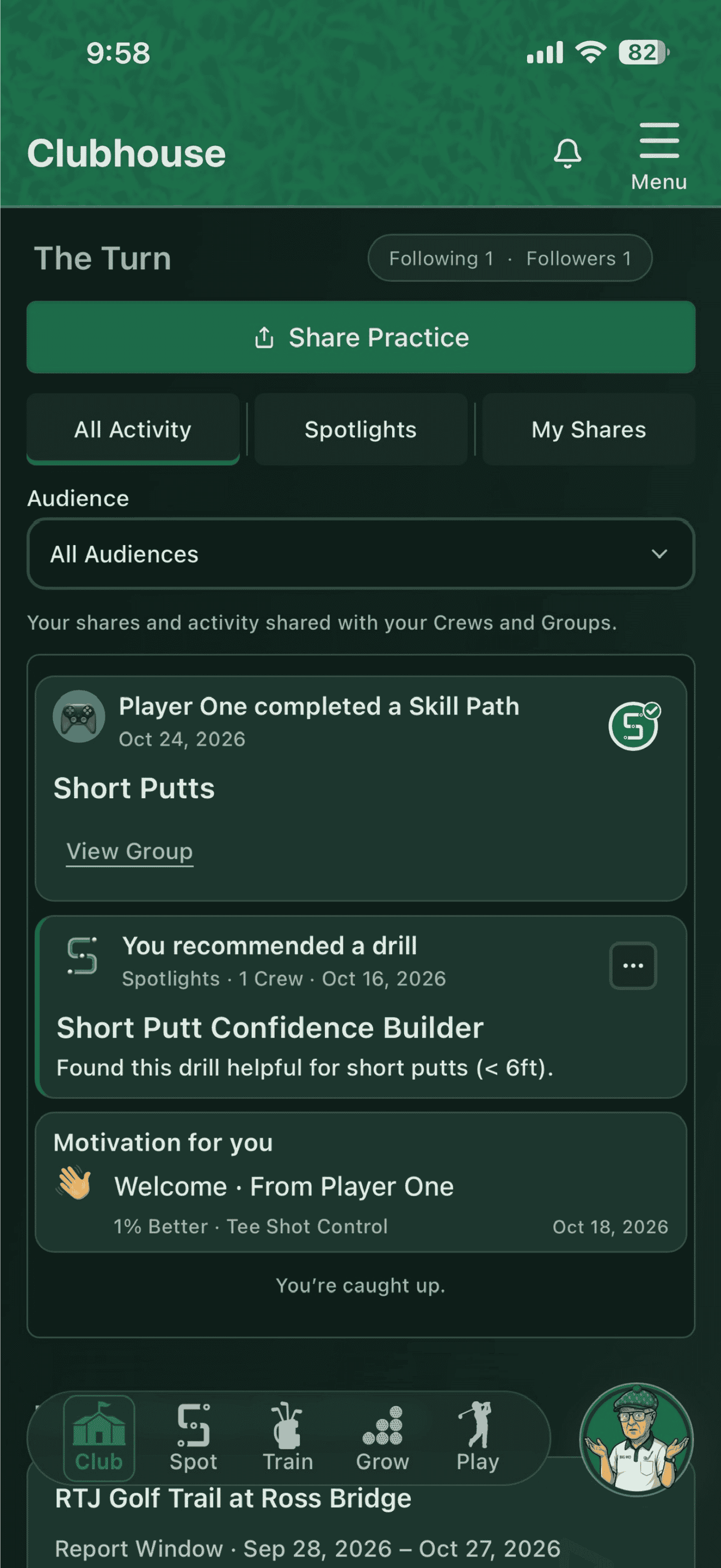Actual Clubhouse Turn feed with shared progress, recommendations and motivation
