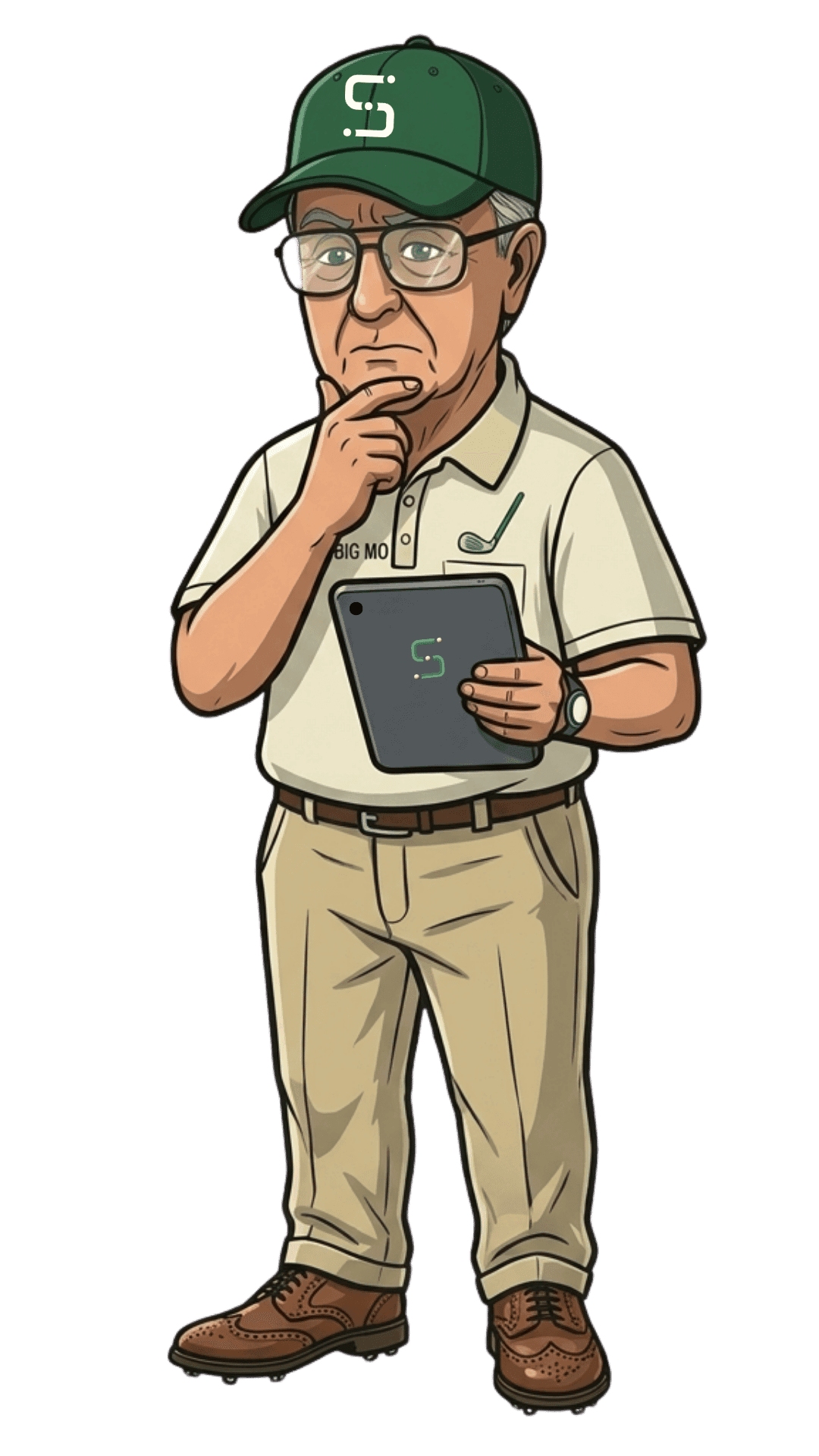 Mo studying a tablet, thinking it over
